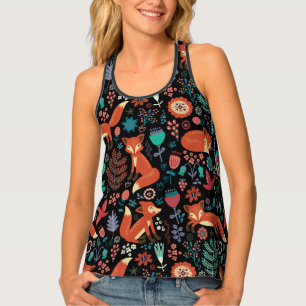 Cute Red Foxes And Flowers Pattern Tank Top