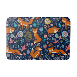 Cute Red Foxes & Colorful Flowers Bath Mat