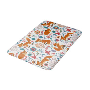 Cute Red Foxes & Colorful Flowers Bath Mat