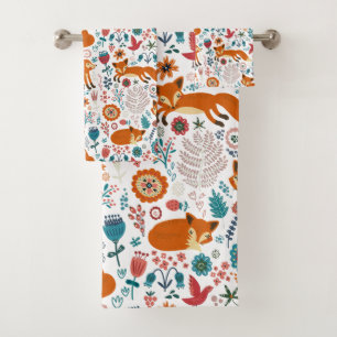 Cute Red Foxes & Colorful Flowers Bath Towel Set
