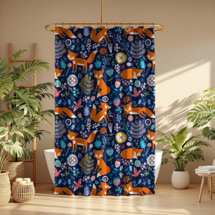Cute Red Foxes & Colorful Flowers Shower Curtain