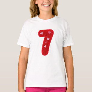 Cute Red Fuzzy Number 7 Pink Hearts Birthday Girl T-Shirt