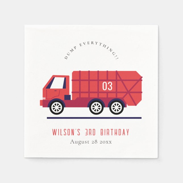 Cute Red Garbage Truck Kids Any Age Birthday Napkins (Front)