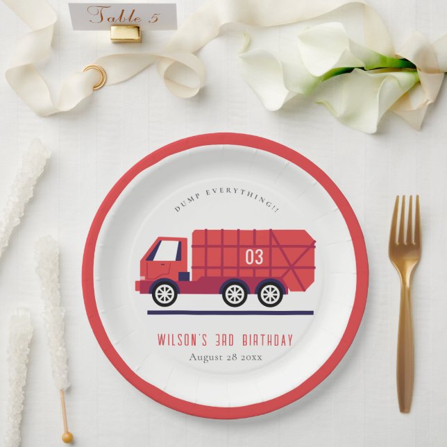Cute Red Garbage Truck Kids Any Age Birthday Paper Plates (Wedding)