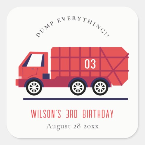 Cute Red Garbage Truck Kids Any Age Birthday Square Sticker
