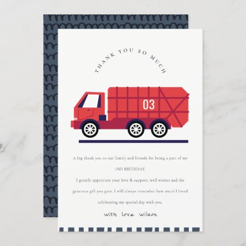 Cute Red Garbage Truck Kids Any Age Birthday Thank You Card