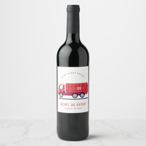 Cute Red Garbage Truck Kids Any Age Birthday Wine Label