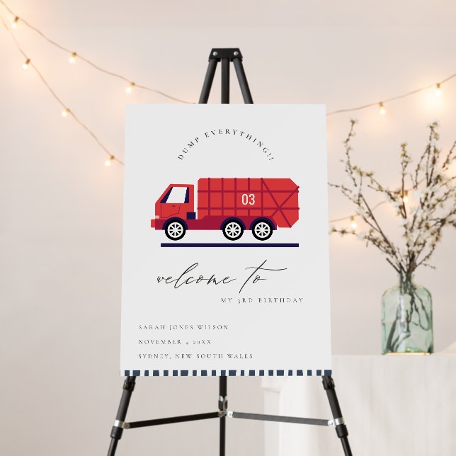 Cute Red Garbage Truck Kids Birthday Welcome Foam Board (In Situ (Stand))
