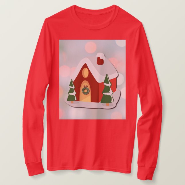 Cute Red Gingerbread House Christmas Holiday T-Shirt (Design Front)