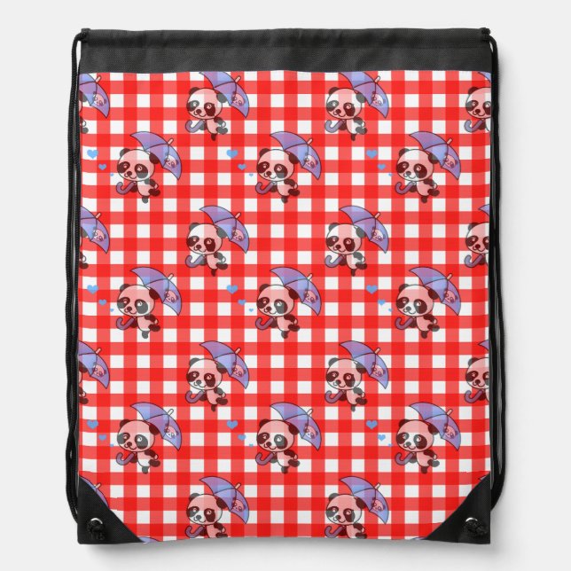 Cute Red Gingham Check Design Drawstring Bag (Front)