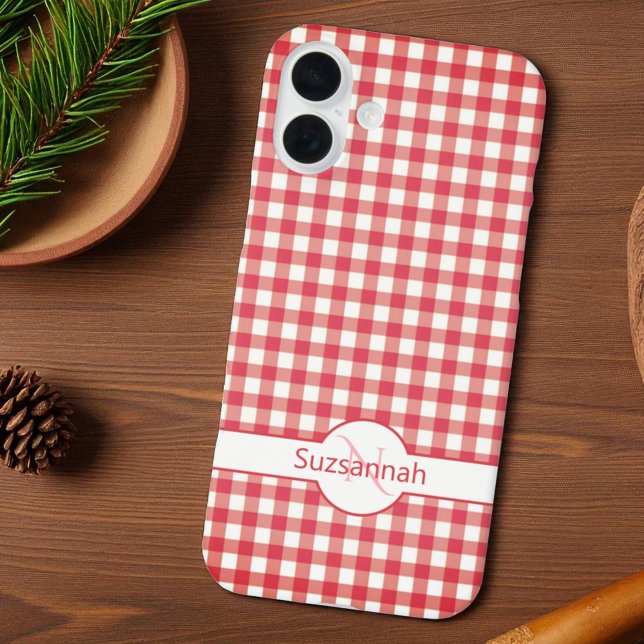 Cute Red Gingham Check Monogrammed Custom  Case-Mate iPhone Case (template phone case back)