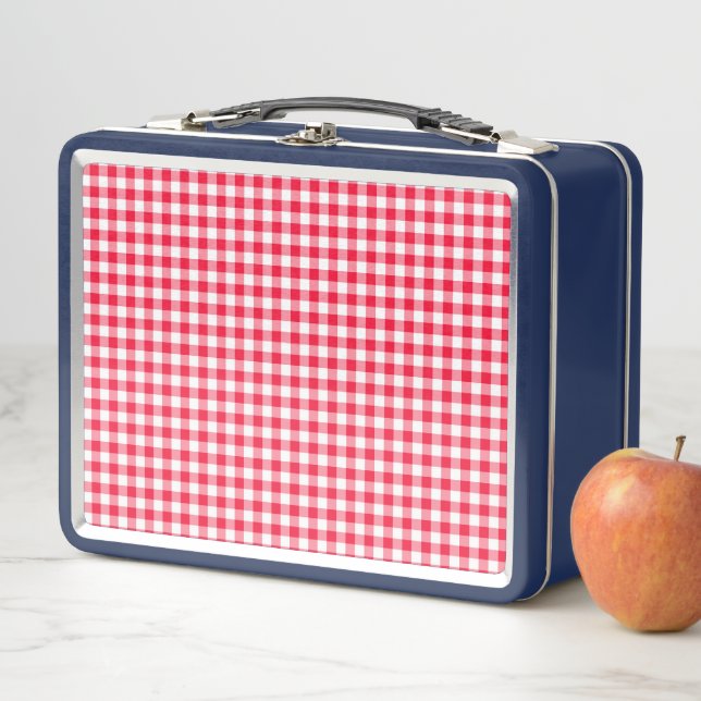 Cute Red Gingham Pattern Blue Metal Lunch Blox Metal Lunch Box (In Situ)