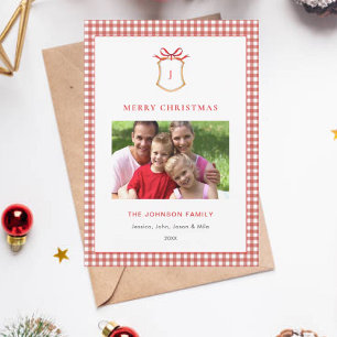 Cute Red Gingham Plaid Monogrammed Christmas Holiday Card