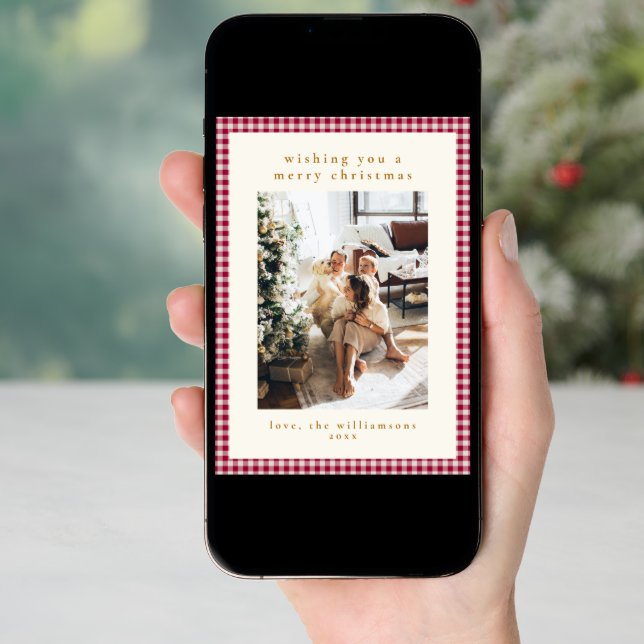 Cute Red Gingham Plaid Portrait Photo Christmas Holiday Card (Front Digital)