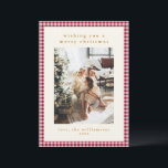 Cute Red Gingham Plaid Portrait Photo Christmas Holiday Card<br><div class="desc">Cute Cranberry Red Gingham Plaid Custom Photo Christmas Holiday Card for Portrait/Vertical Photos</div>