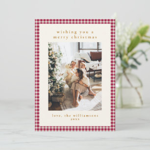 Cute Red Gingham Plaid Portrait Photo Christmas Holiday Card