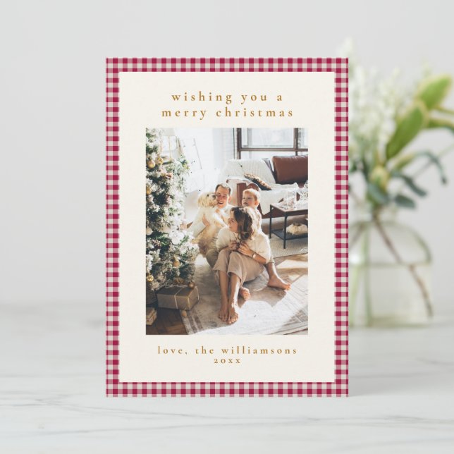 Cute Red Gingham Plaid Portrait Photo Christmas Holiday Card (Standing Front)