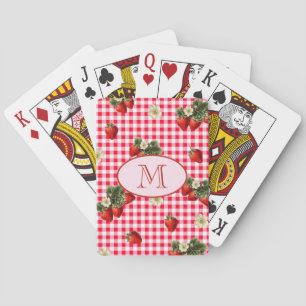 Cute Red Gingham Strawberries Custom Monogram Poker Cards