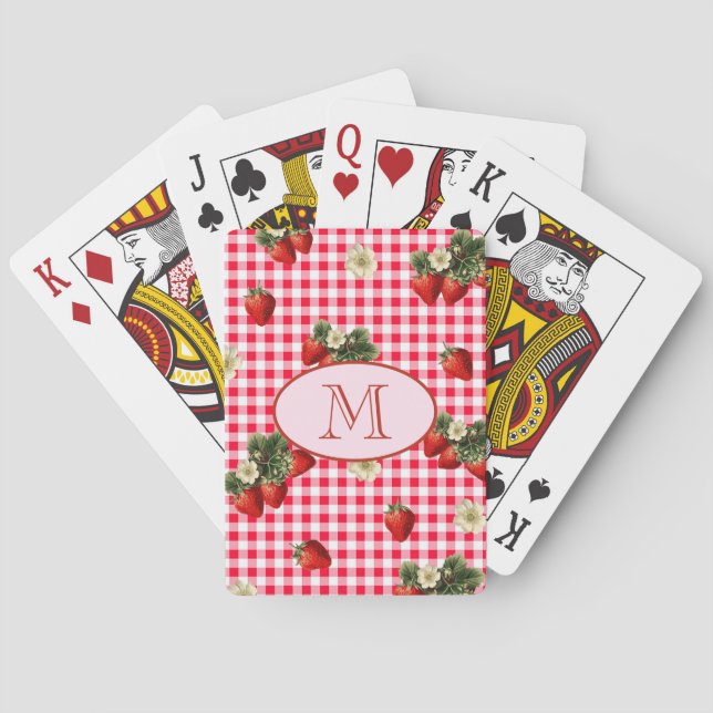 Cute Red Gingham Strawberries Custom Monogram Poker Cards (Back)
