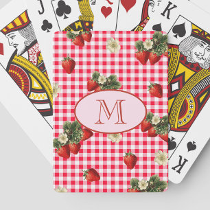 Cute Red Gingham Strawberries Custom Monogram Poker Cards