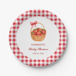 Cute Red Gingham Strawberry Girl Baby Shower Paper Plates
