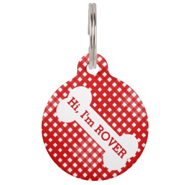 Cute Red Ginham Dog Bone - Personalized Pet ID Tag