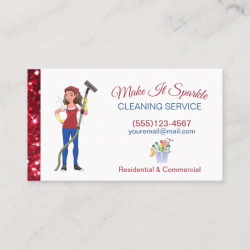 Cute Red Glitter Cartoon Maid Cleaning Services Business Card