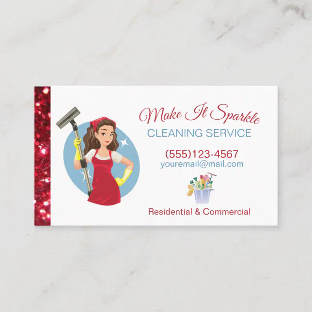 Cute Red Glitter Cartoon Maid Cleaning Services Business Card | Zazzle