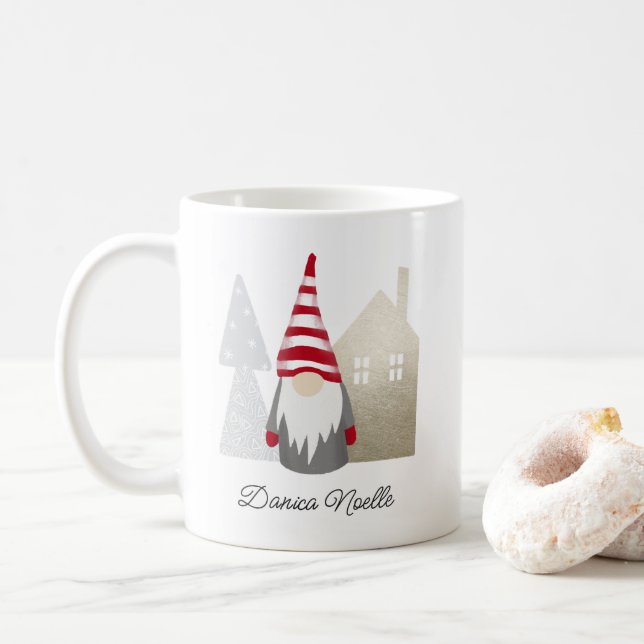 Cute Red Gnome and Village House | Name Christmas Coffee Mug (With Donut)
