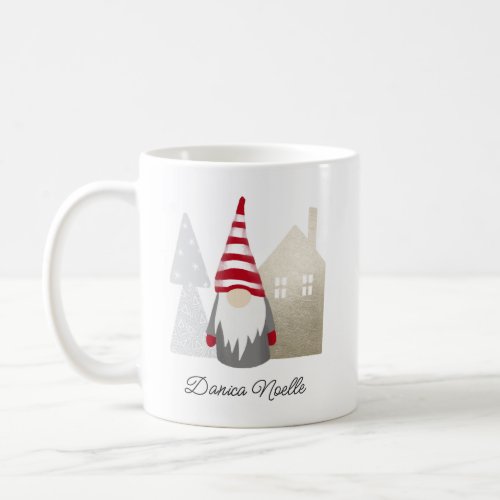 Cute Red Gnome and Village House  Name Christmas Coffee Mug