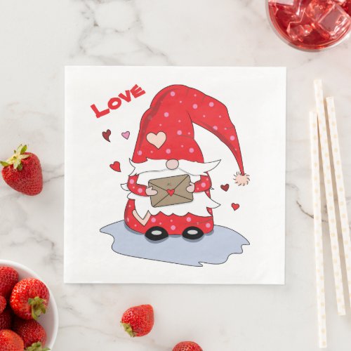 Cute Red Gnome with Hearts Paper Napkins