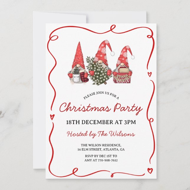 Cute Red Gnomes Christmas Party Invitation (Front)