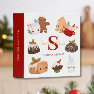 Cute Red Gold Monogrammed Holiday Recipes 3 Ring Binder