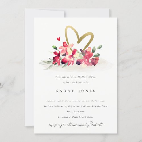 Cute Red Gold Orchid Heart Floral Bridal Shower Invitation
