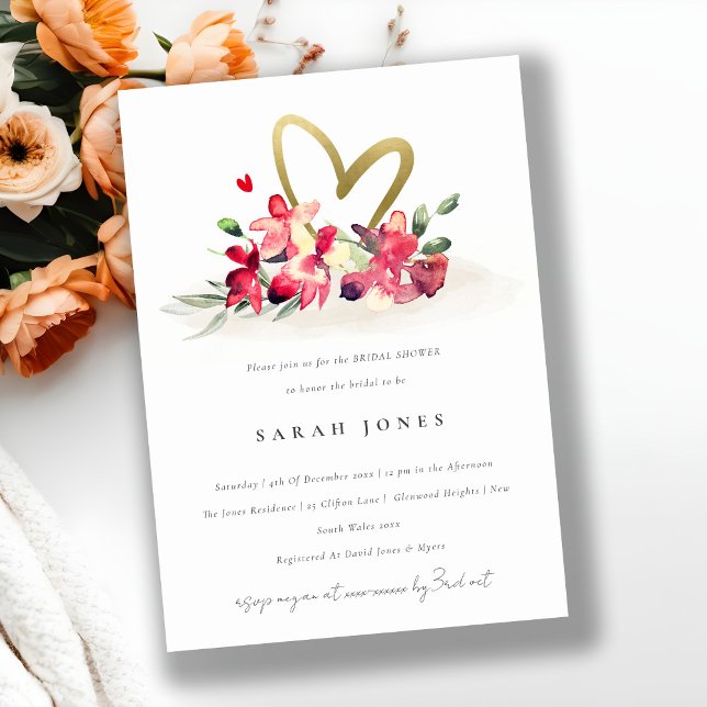Cute Red Gold Orchid Heart Floral Bridal Shower Invitation (Creator Uploaded)