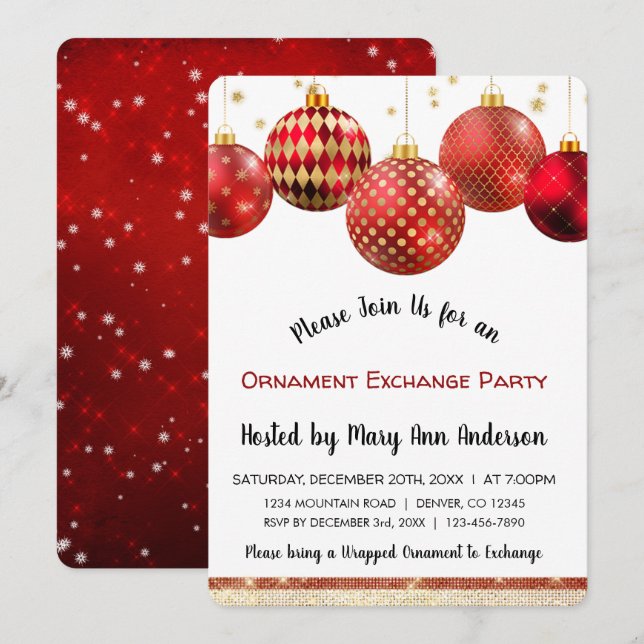 Cute Red & Gold Sparkle Ornament Exchange Party Invitation (Front/Back)
