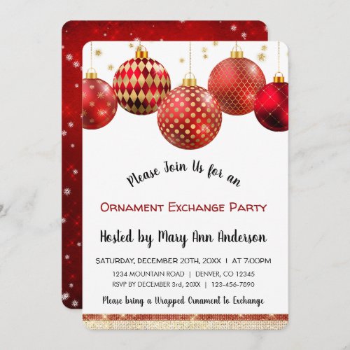 Cute Red  Gold Sparkle Ornament Exchange Party Invitation