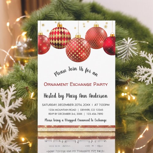 Cute Red  Gold Sparkle Ornament Exchange Party Invitation