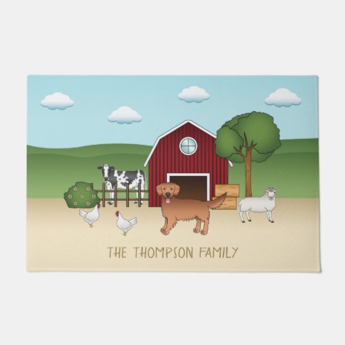 Cute Red Golden Retriever Cartoon Dog At A Farm Doormat