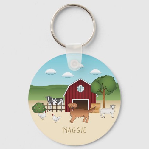 Cute Red Golden Retriever Cartoon Dog At A Farm Keychain