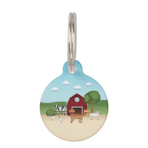 Cute Red Golden Retriever Cartoon Dog At A Farm Pet ID Tag