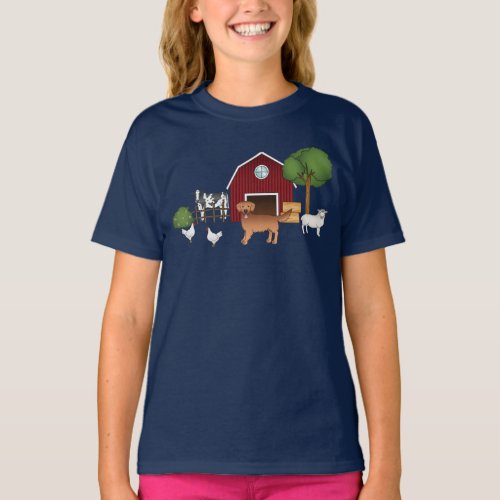 Cute Red Golden Retriever Cartoon Dog At A Farm T_Shirt