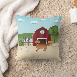 Cute Red Golden Retriever Cartoon Dog At A Farm Throw Pillow
