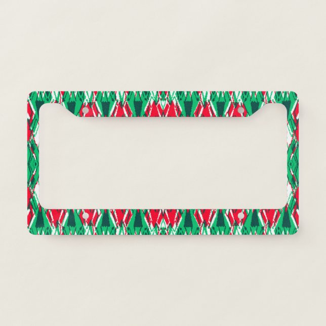 Cute red green abstract aztec pattern license plate frame (Front)
