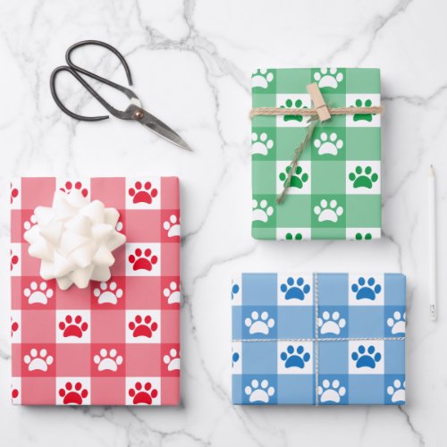 Cute Red Green Blue Gingham Paw Print Pattern Wrapping Paper Sheets