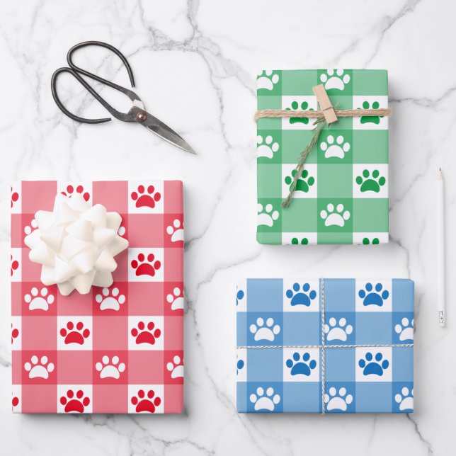 Cute Red Green Blue Gingham Paw Print Pattern Wrapping Paper Sheets (Front)