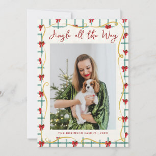 Cute Red Green Bow Pattern Christmas 1 Photo Holiday Card