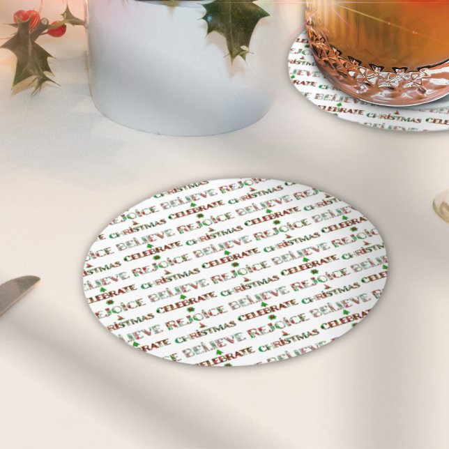 Cute Red Green Christmas Pattern Round Paper Coaster (Creator Uploaded)