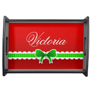 Cute Red Green Christmas Ribbon Design Custom Text Serving Tray
