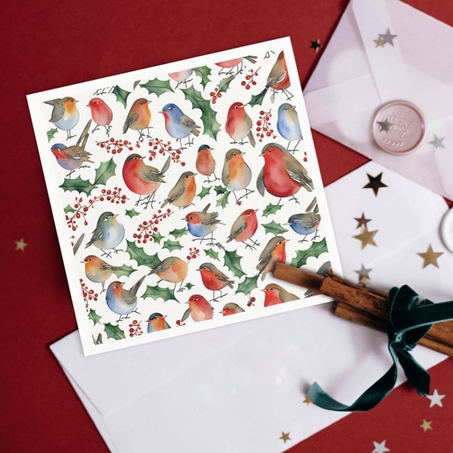 Cute Red Green Christmas Robin Bird Watercolor Napkins (Creator Uploaded)